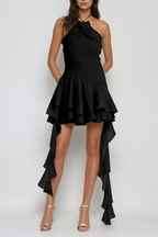 Aracely Halter Neck Mesh Ruffle Fringe Mini Dress In Black Avalabel