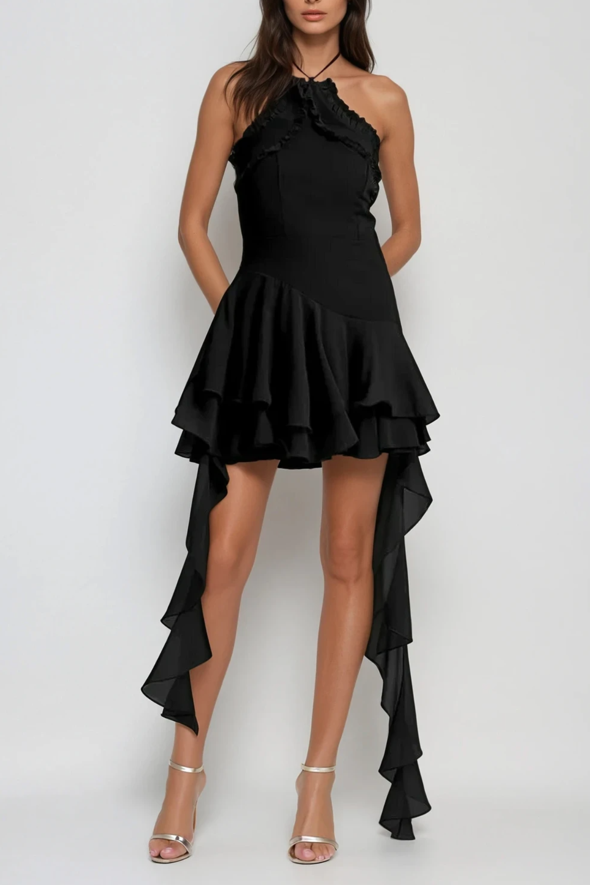 Aracely Halter Neck Mesh Ruffle Fringe Mini Dress In Black Avalabel