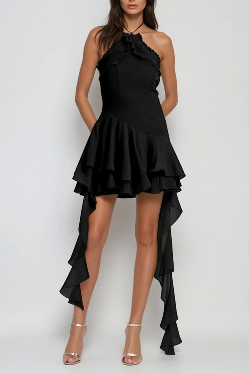 Aracely Halter Neck Mesh Ruffle Fringe Mini Dress In Black Avalabel