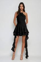 Aracely Halter Neck Mesh Ruffle Fringe Mini Dress In Black Avalabel