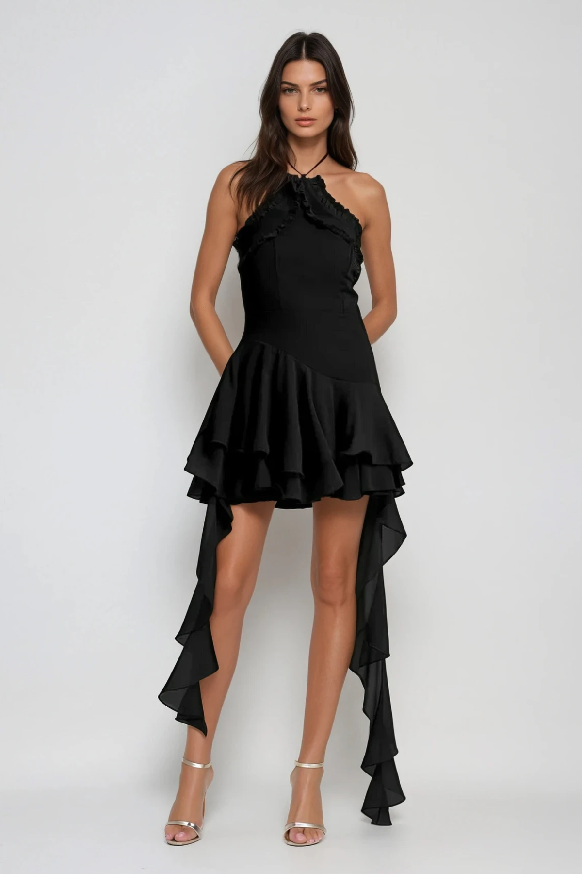Aracely Halter Neck Mesh Ruffle Fringe Mini Dress In Black Avalabel