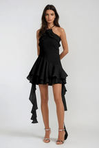 Aracely Halter Neck Mesh Ruffle Fringe Mini Dress In Black Avalabel