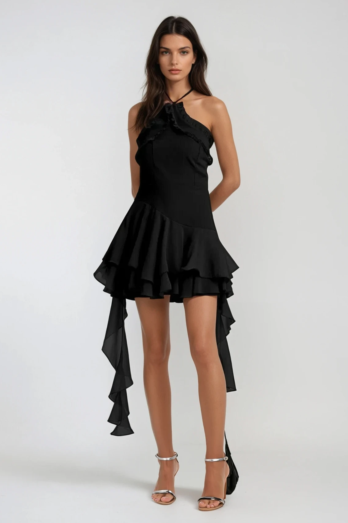 Aracely Halter Neck Mesh Ruffle Fringe Mini Dress In Black Avalabel