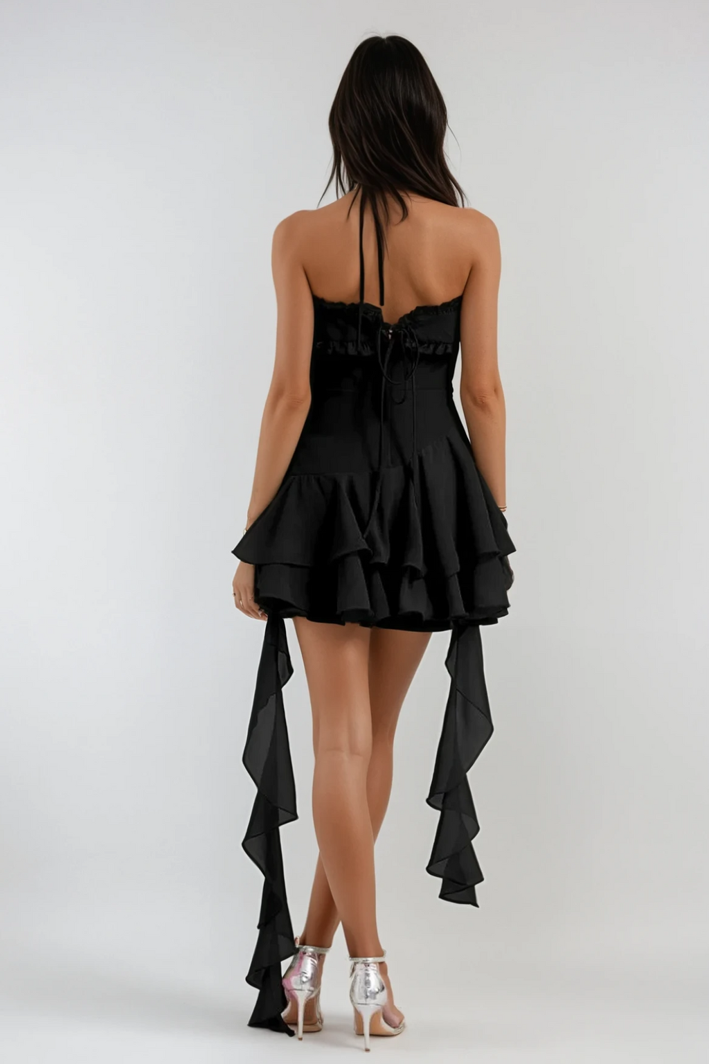 Aracely Halter Neck Mesh Ruffle Fringe Mini Dress In Black Avalabel