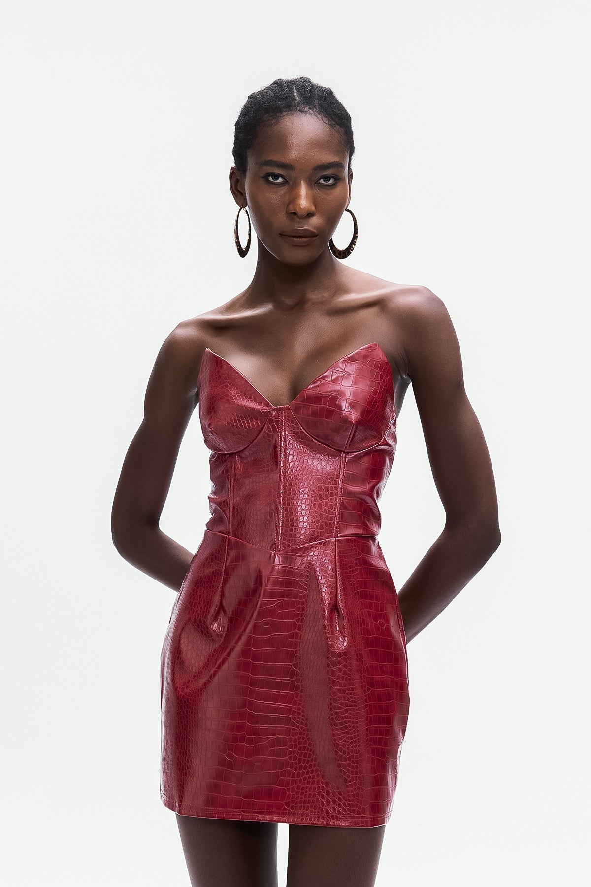 Janice Crocodile Pattern Strapless Leather Mini Dress Avalabel