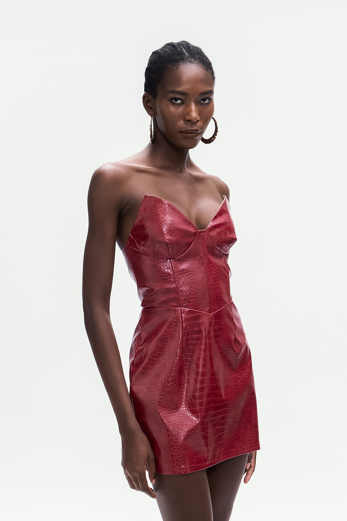 Janice Crocodile Pattern Strapless Leather Mini Dress Avalabel
