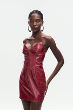 Janice Crocodile Pattern Strapless Leather Mini Dress Avalabel