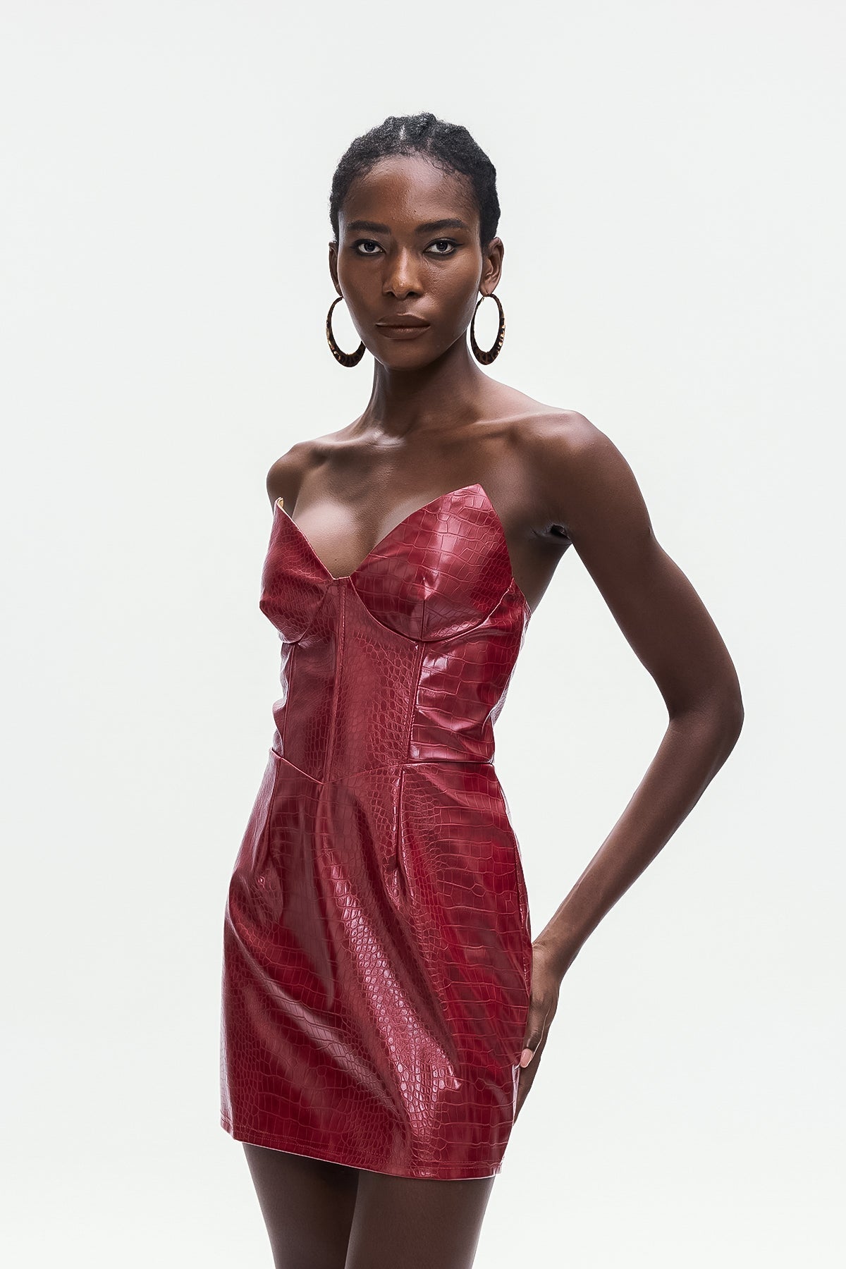 Janice Crocodile Pattern Strapless Leather Mini Dress Avalabel