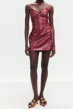 Janice Crocodile Pattern Strapless Leather Mini Dress Avalabel