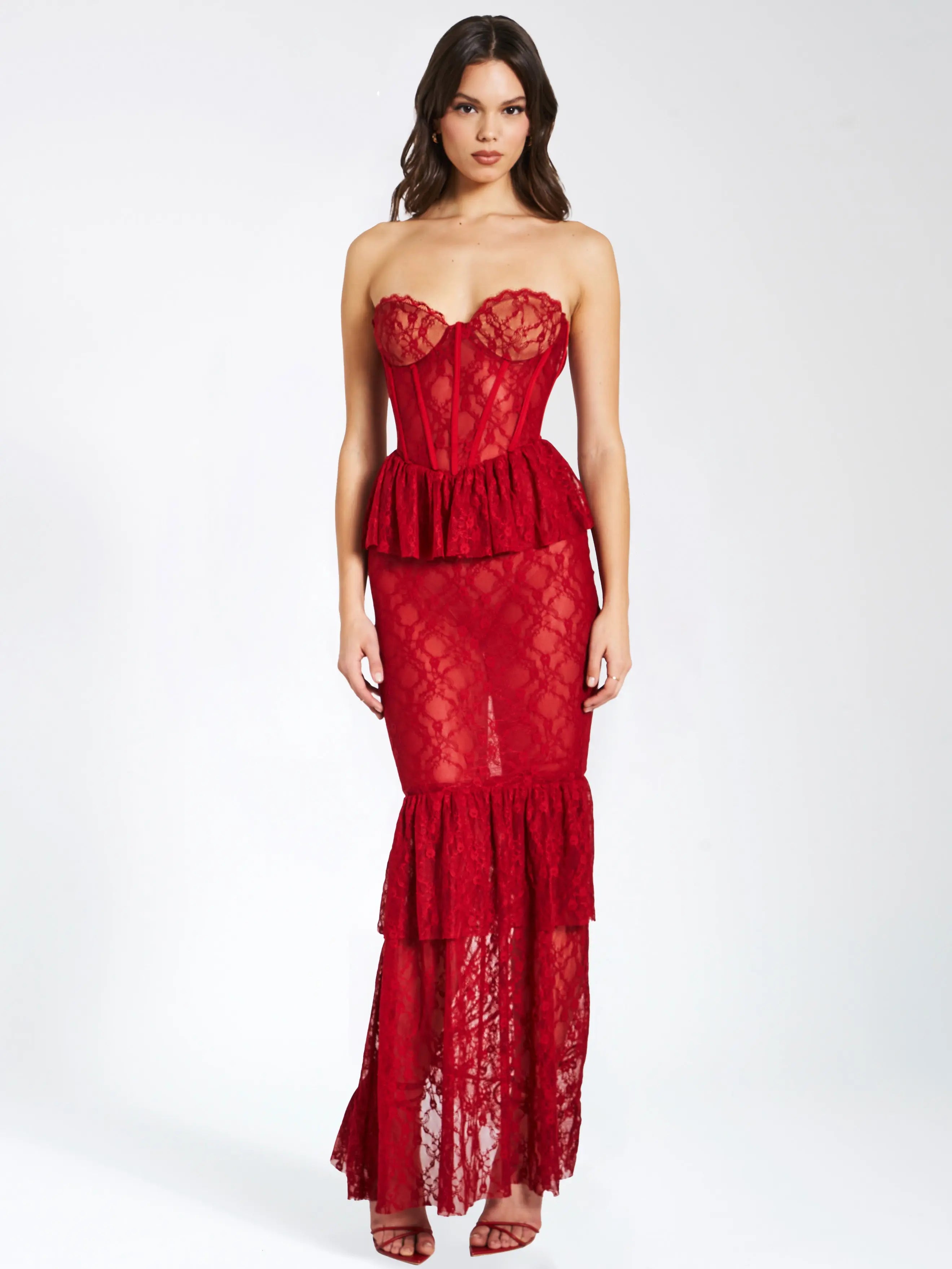 Zen Burgundy Lace Corset Maxi Dress Avalabel