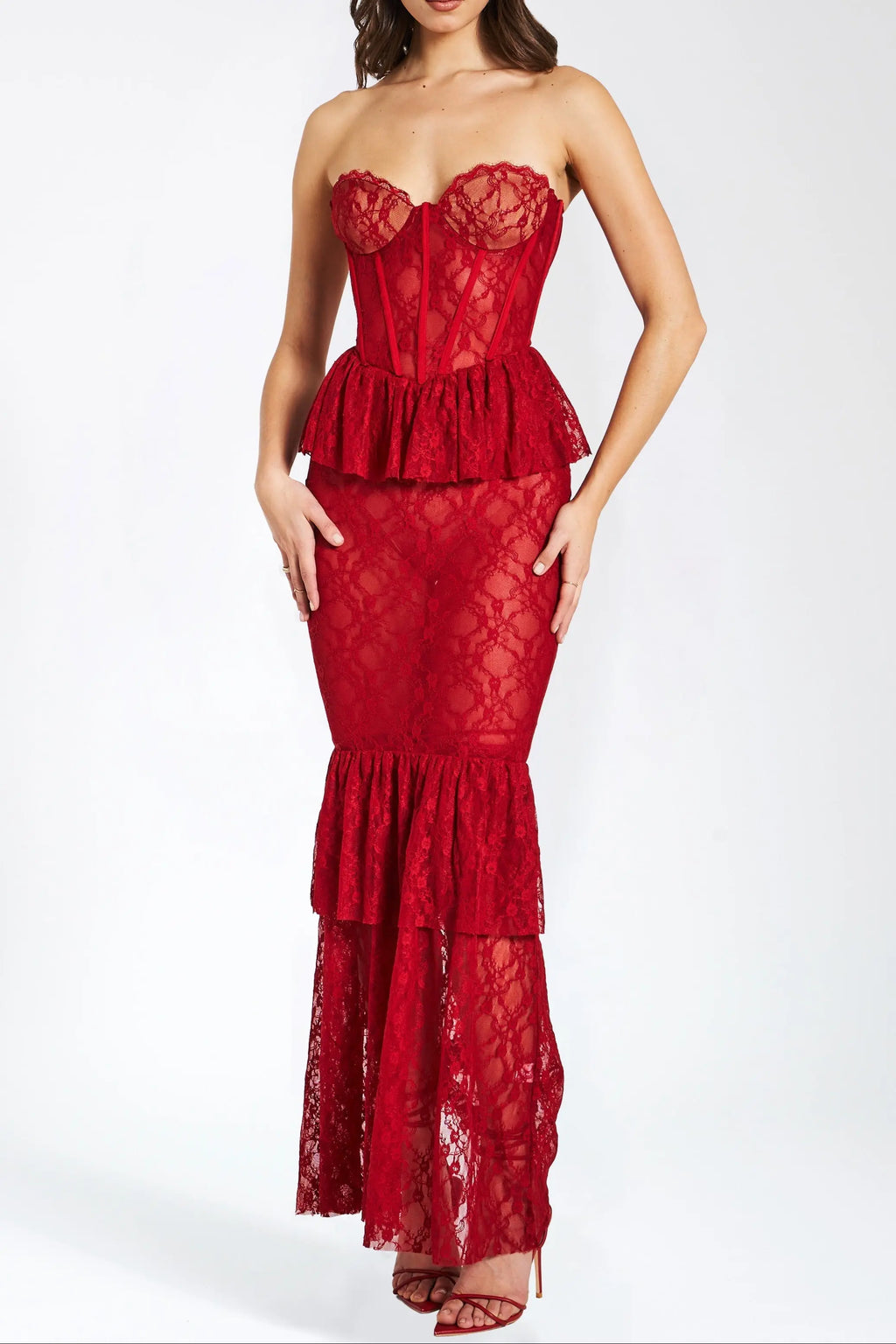 Zen Burgundy Lace Corset Maxi Dress Avalabel