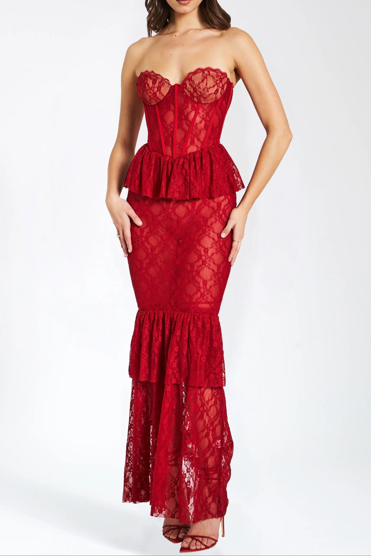 Zen Burgundy Lace Corset Maxi Dress Avalabel