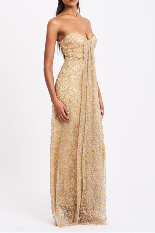 Ada Gold Rhinestone Embellished Strapless Gown with Head Scarf Avalabel