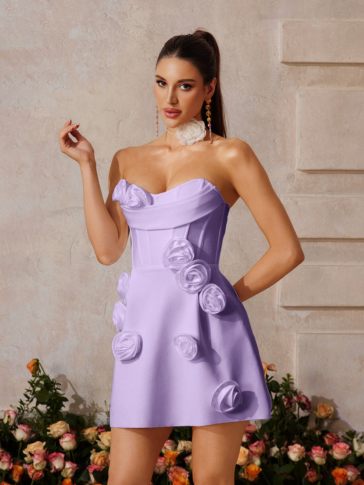 Strapless Flower Bandage Mini Dress In Purple Avalabel