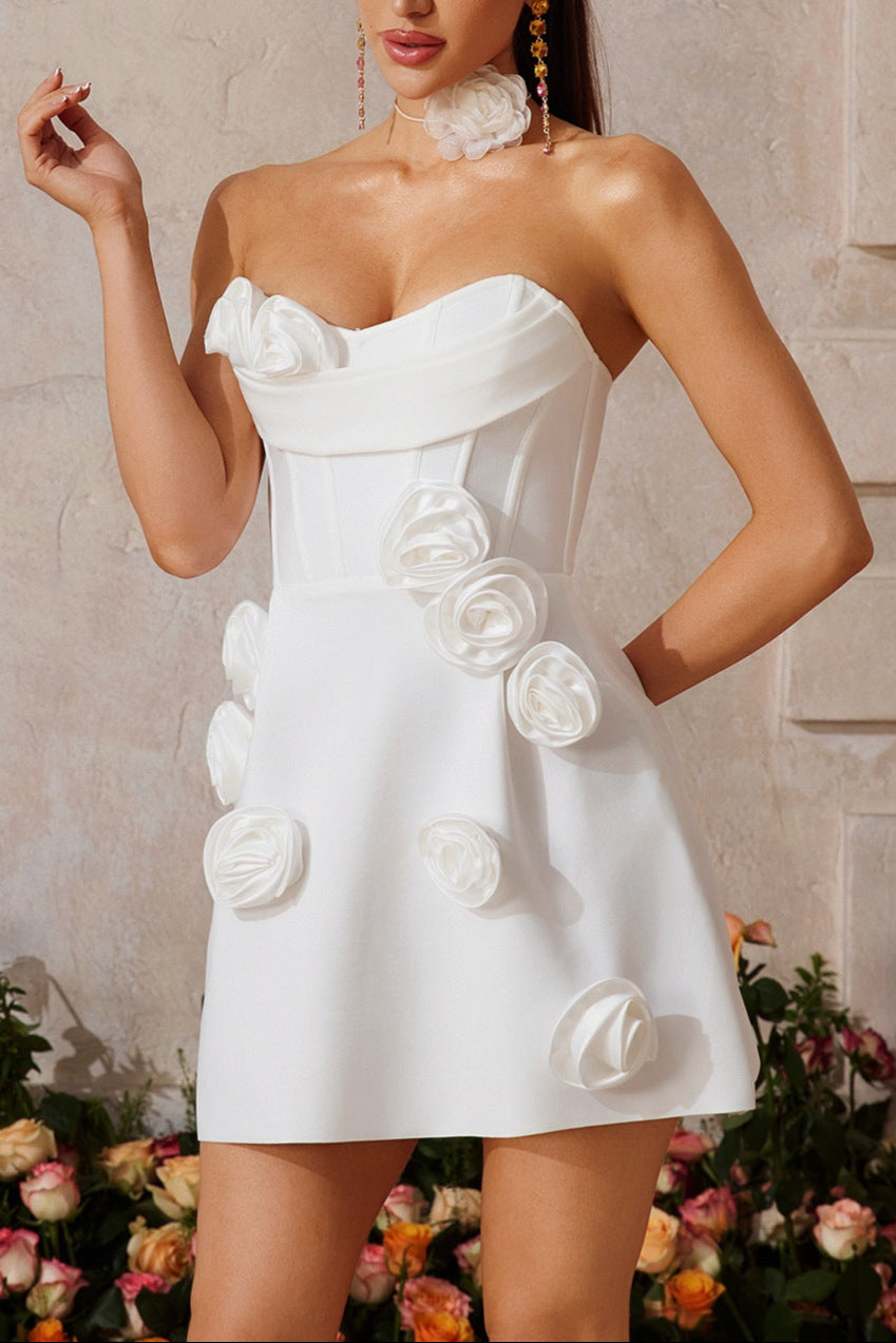 Strapless Flower Bandage Mini Dress In White Avalabel