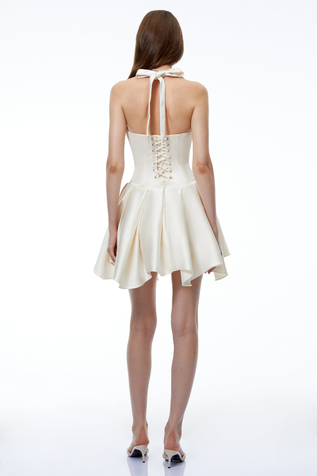 Halter Double Strap Satin Fit &amp; Flare Mini Dress poava