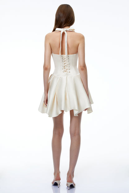 Halter Double Strap Satin Fit &amp; Flare Mini Dress poava