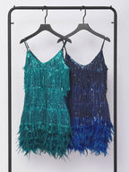 EMERALD TASSEL FEATHER MINI DRESS Avalabel