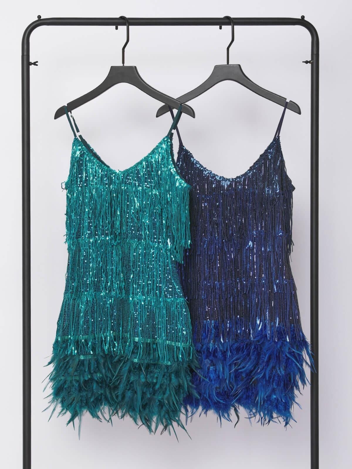 EMERALD TASSEL FEATHER MINI DRESS Avalabel