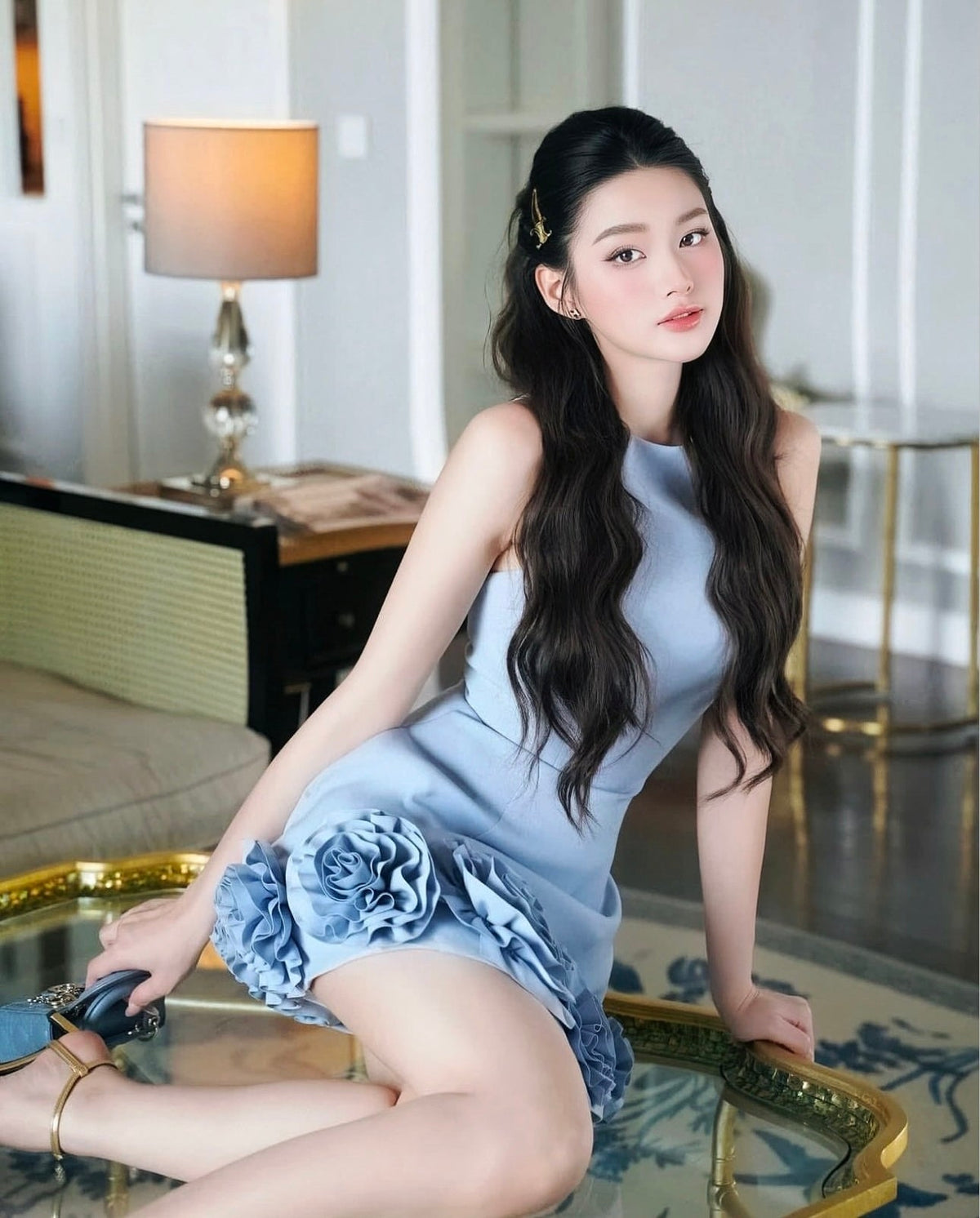 Azure 3D Flower Mini Dress In Blue Avalabel