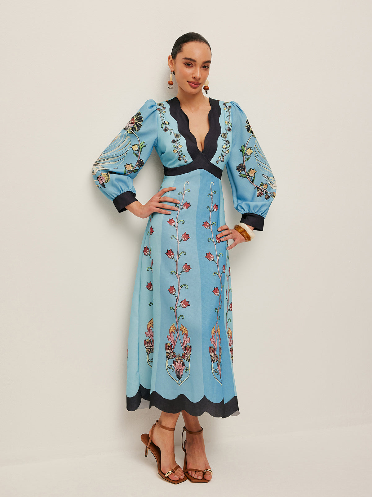 Elegant Backless and Puff Sleeve Floral Dress Avalabel
