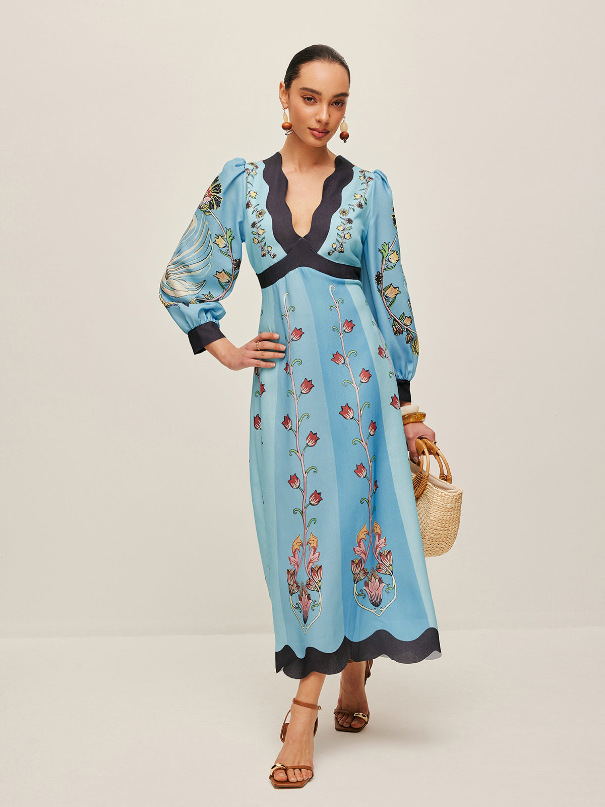Elegant Backless and Puff Sleeve Floral Dress Avalabel