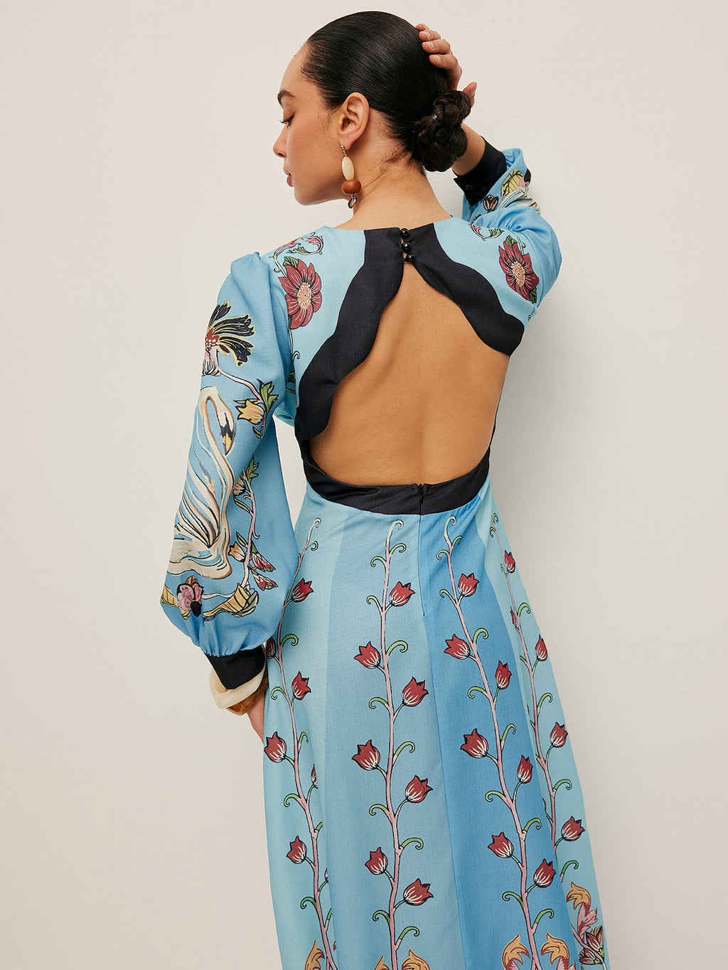 Elegant Backless and Puff Sleeve Floral Dress Avalabel