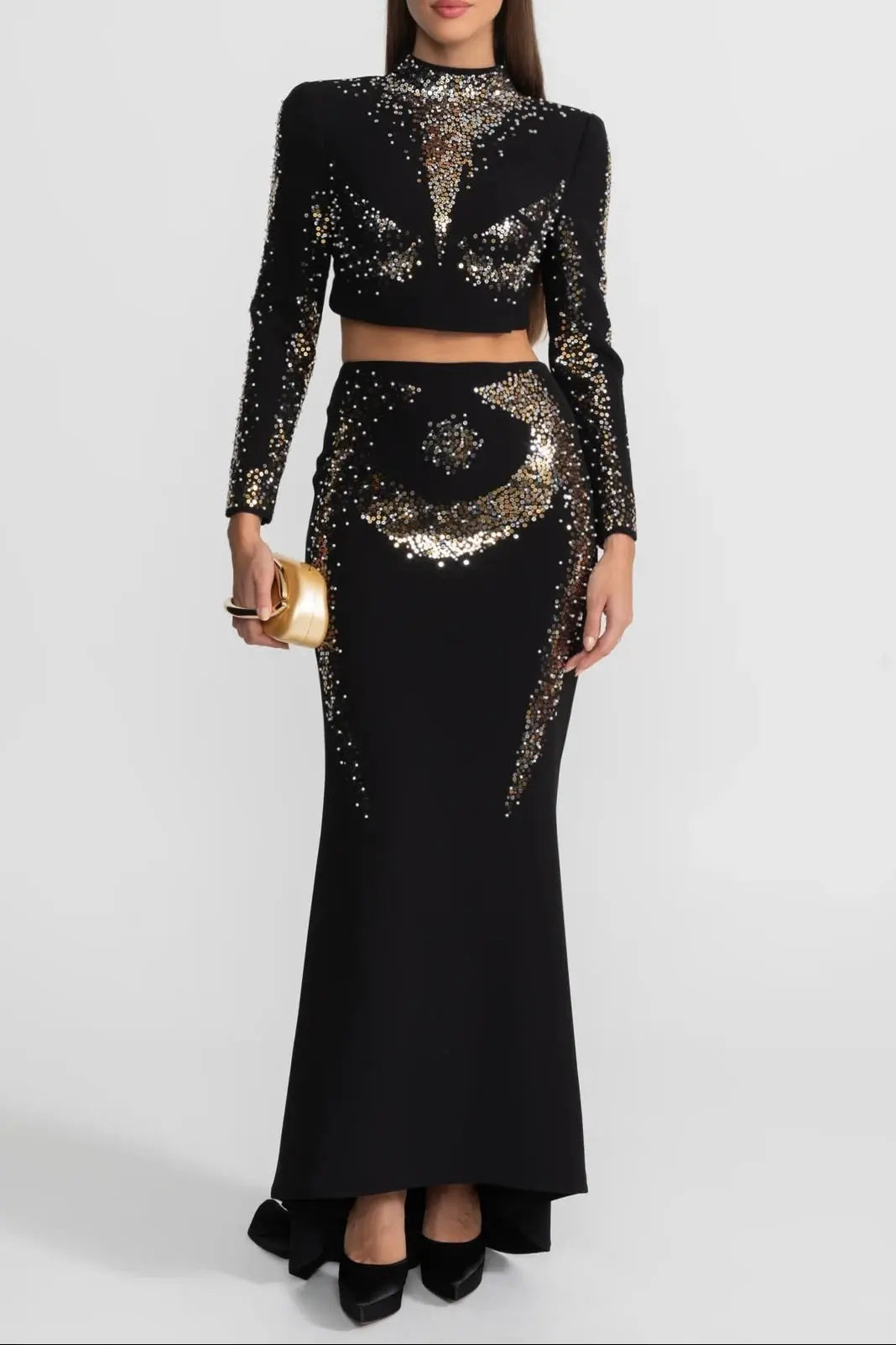 rosalind Embellished Co-Ord Set with Silver and Gold Sequin Detailing - Black Avalabel