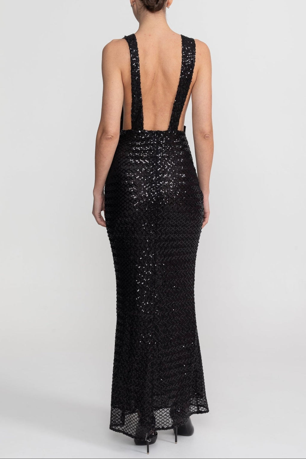 Sequin Maxi Dress With Satin Bow Detail - Black Avalabel