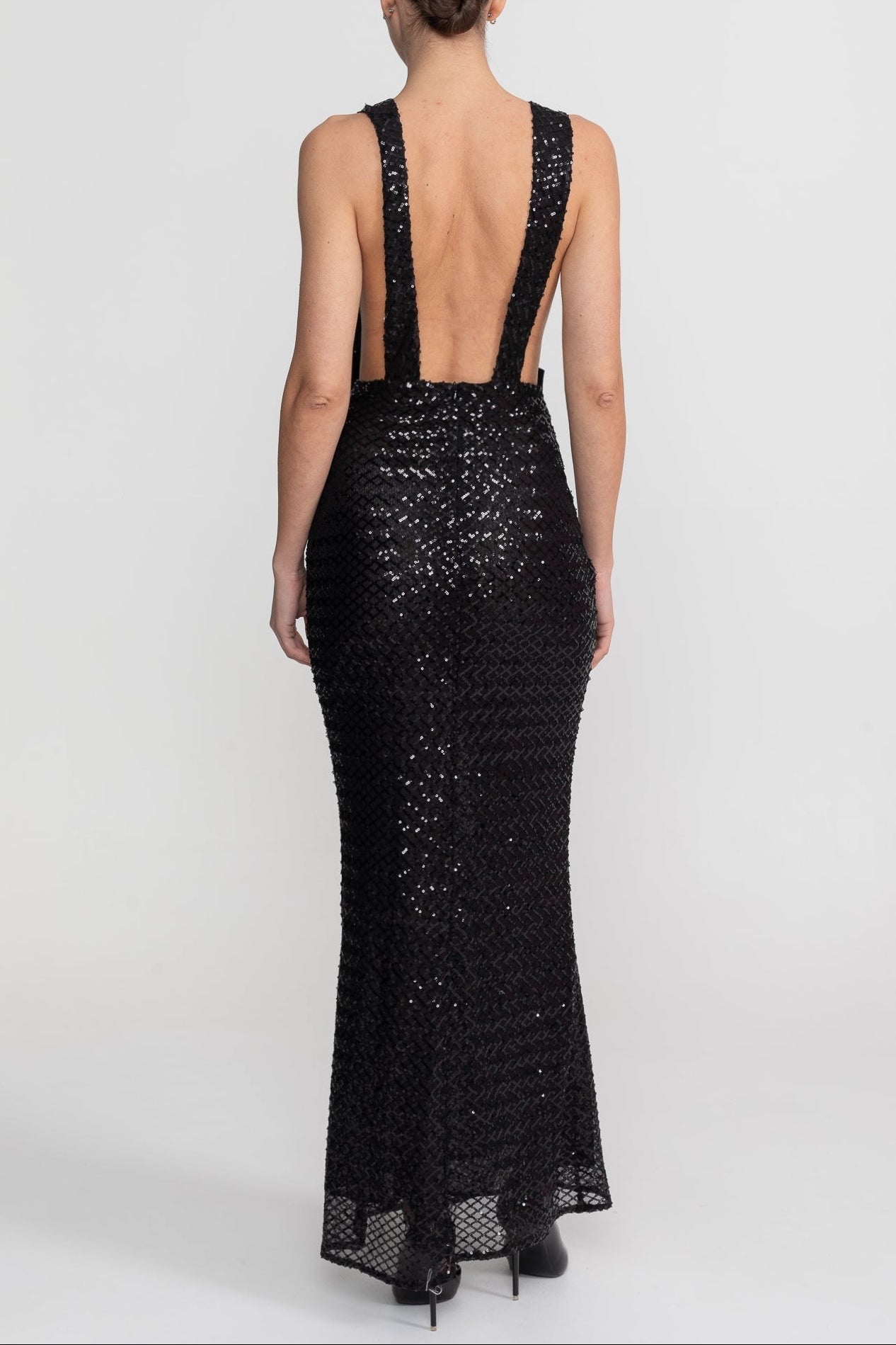 Sequin Maxi Dress With Satin Bow Detail - Black Avalabel