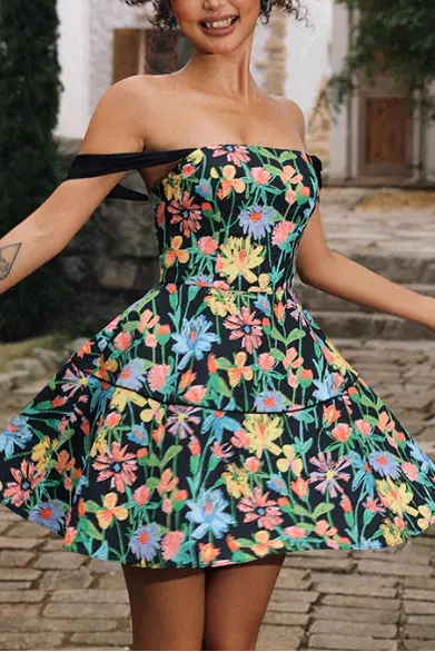 Simona Colorful Print A Line Strap Satin Mini Dress Avalabel