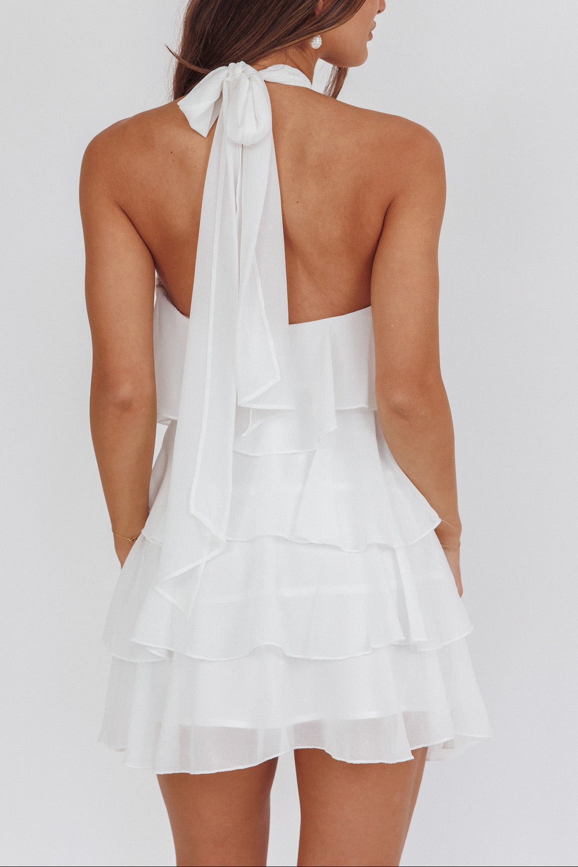 Rebecca Halterneck Ruffle Mini Dress in White Avalabel