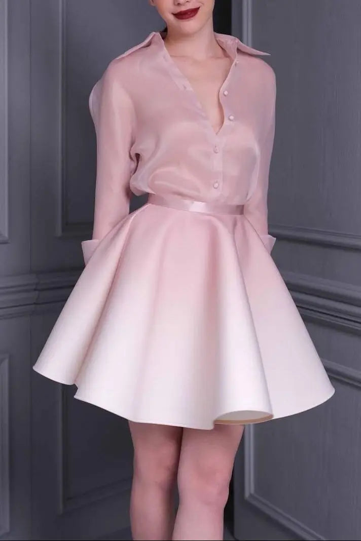 roberta pink long sleeve silk shirt mini skirt set Avalabel