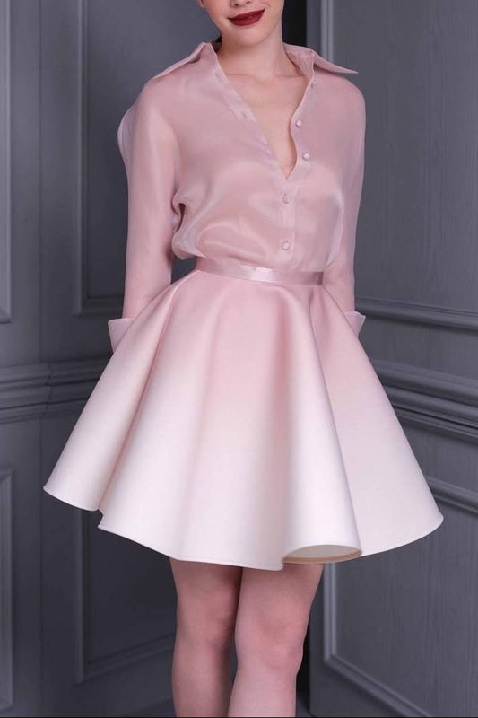 roberta pink long sleeve silk shirt mini skirt set