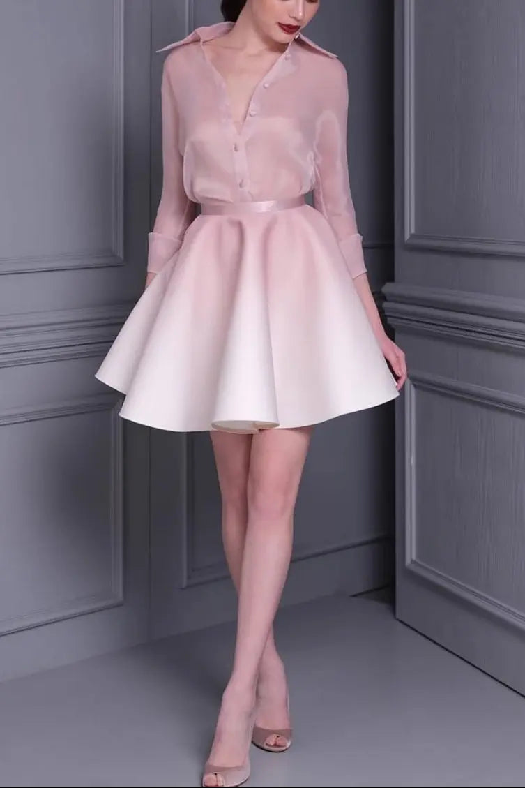 roberta pink long sleeve silk shirt mini skirt set Avalabel