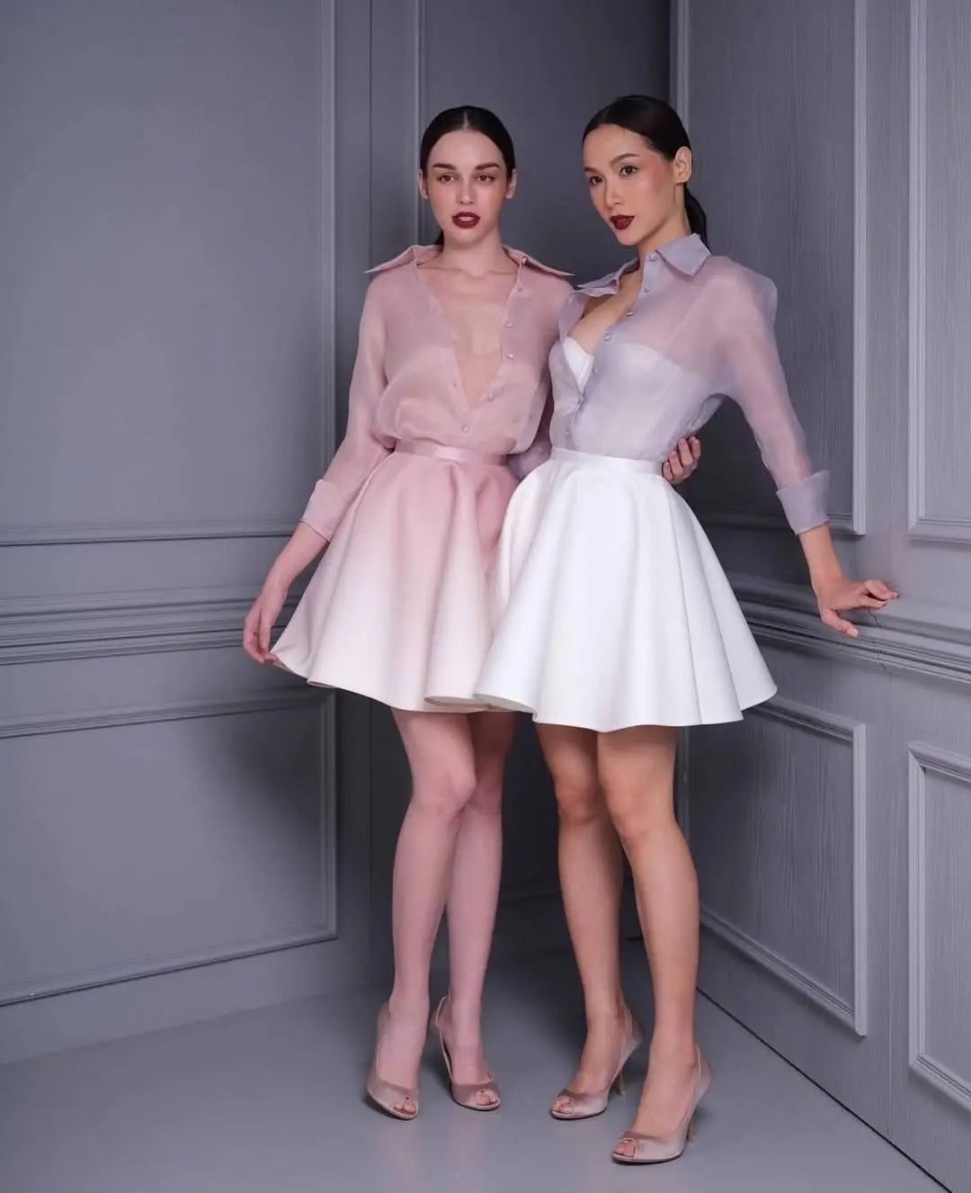roberta pink long sleeve silk shirt mini skirt set Avalabel