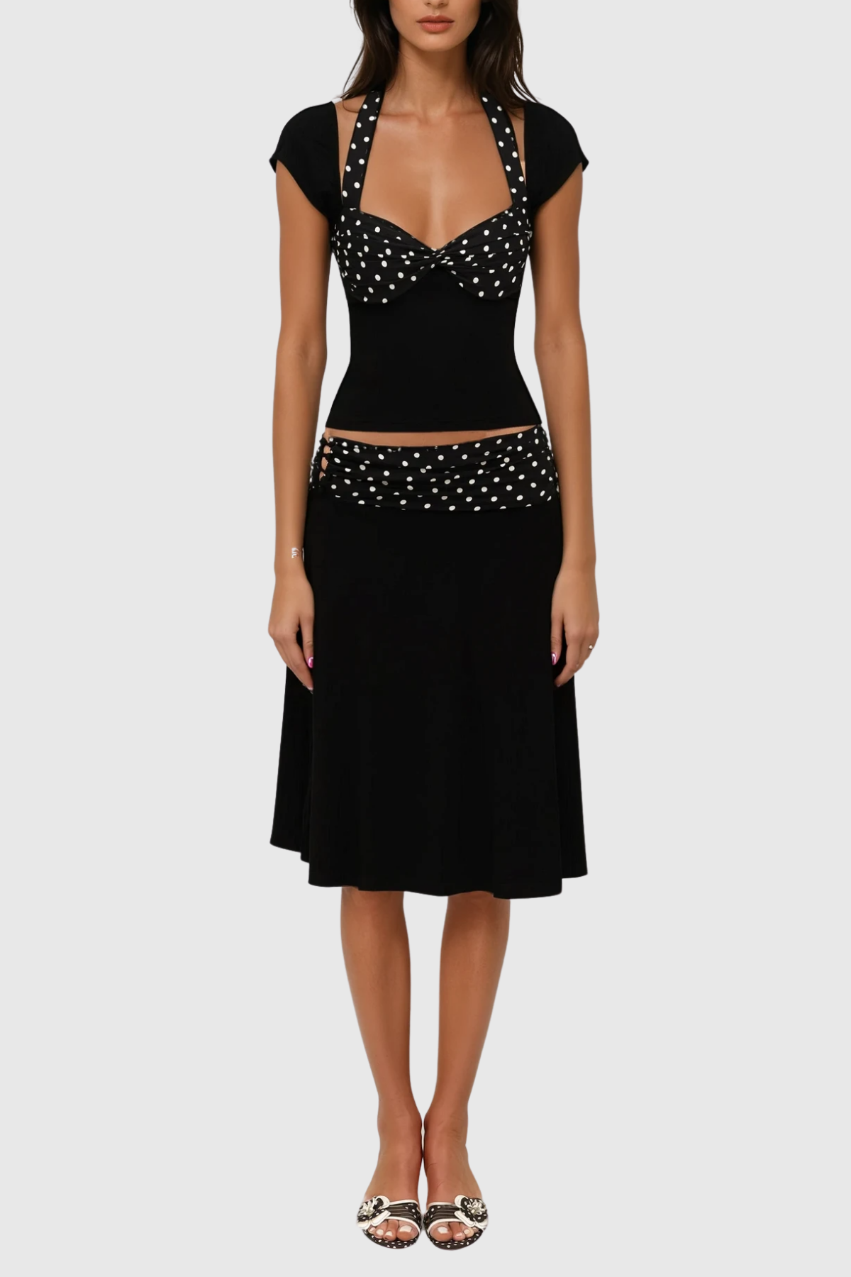 Bastet Dot Halter Neck Ruffle Skirt Set Avalabel