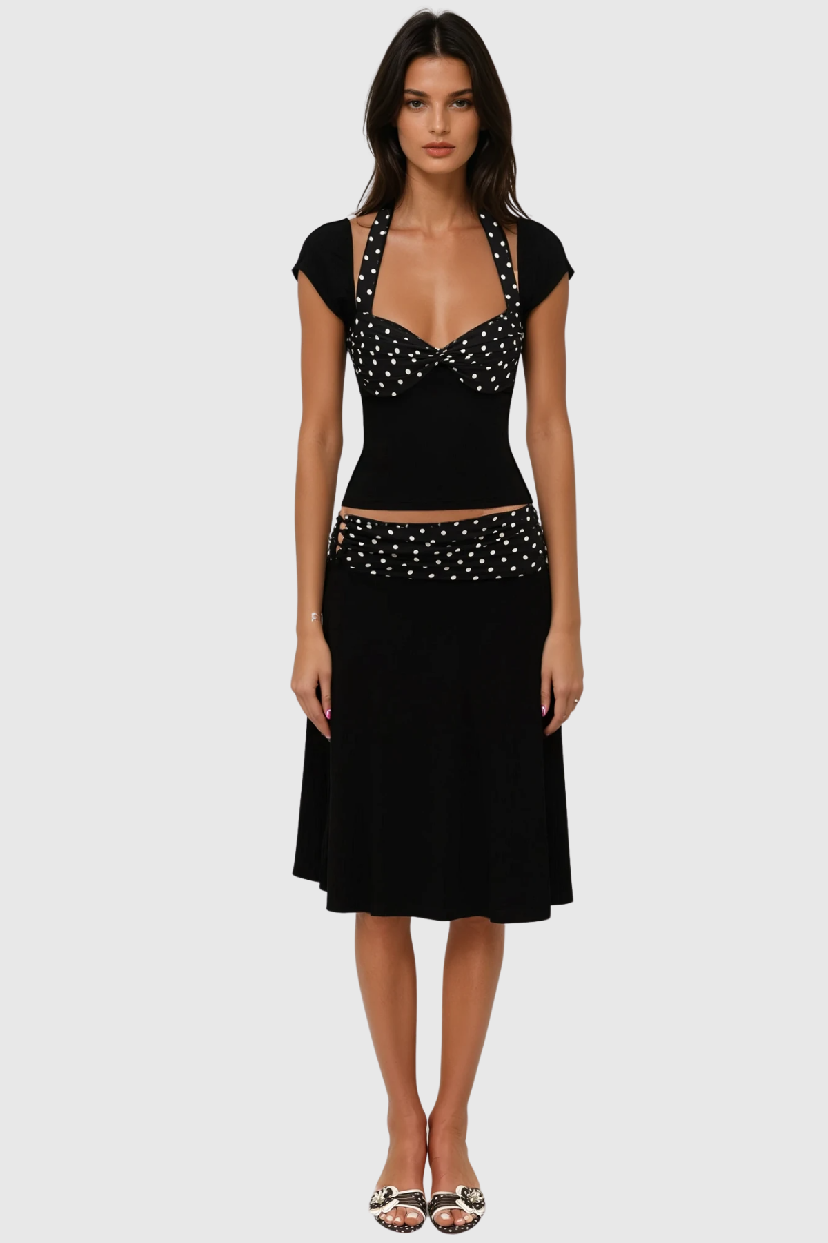 Bastet Dot Halter Neck Ruffle Skirt Set Avalabel
