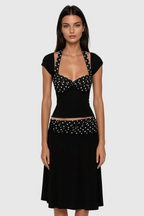 Bastet Dot Halter Neck Ruffle Skirt Set Avalabel