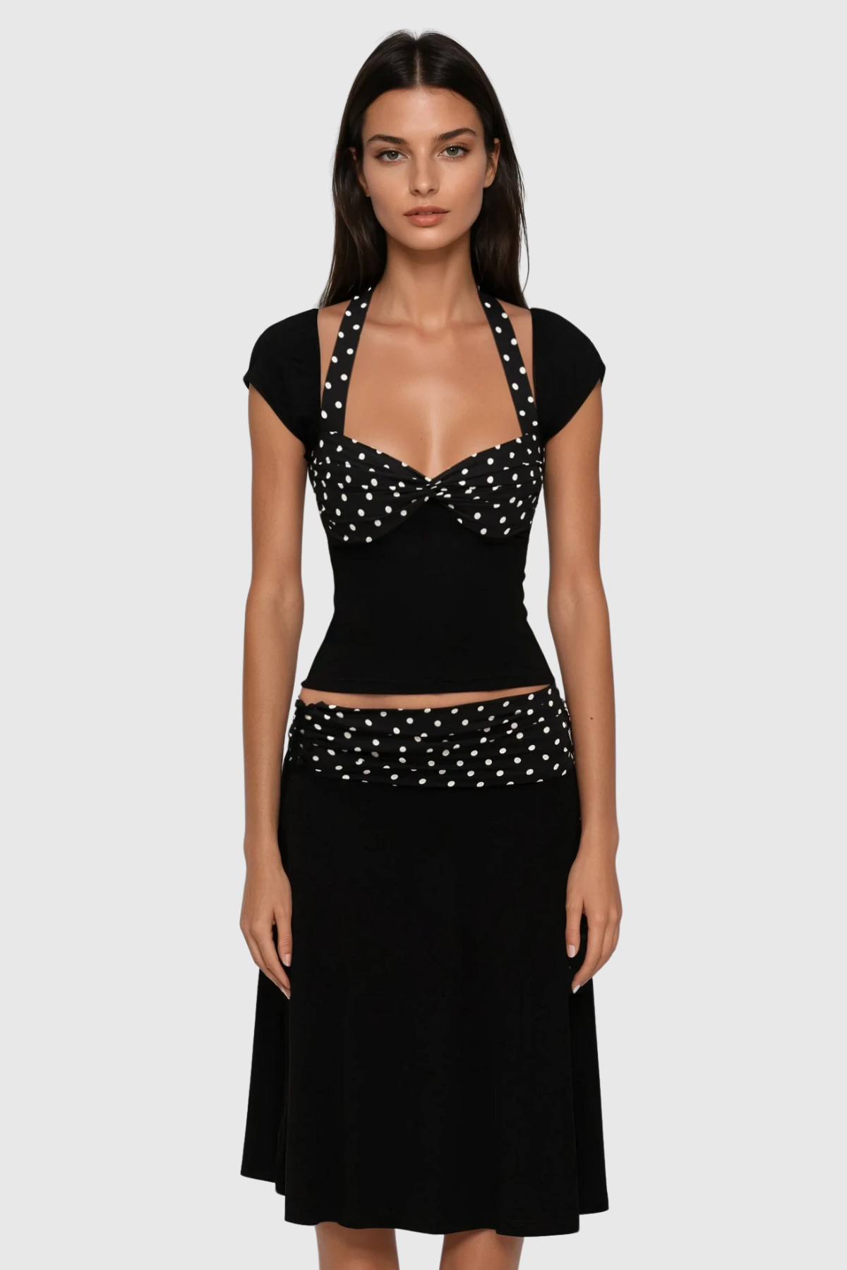 Bastet Dot Halter Neck Ruffle Skirt Set Avalabel