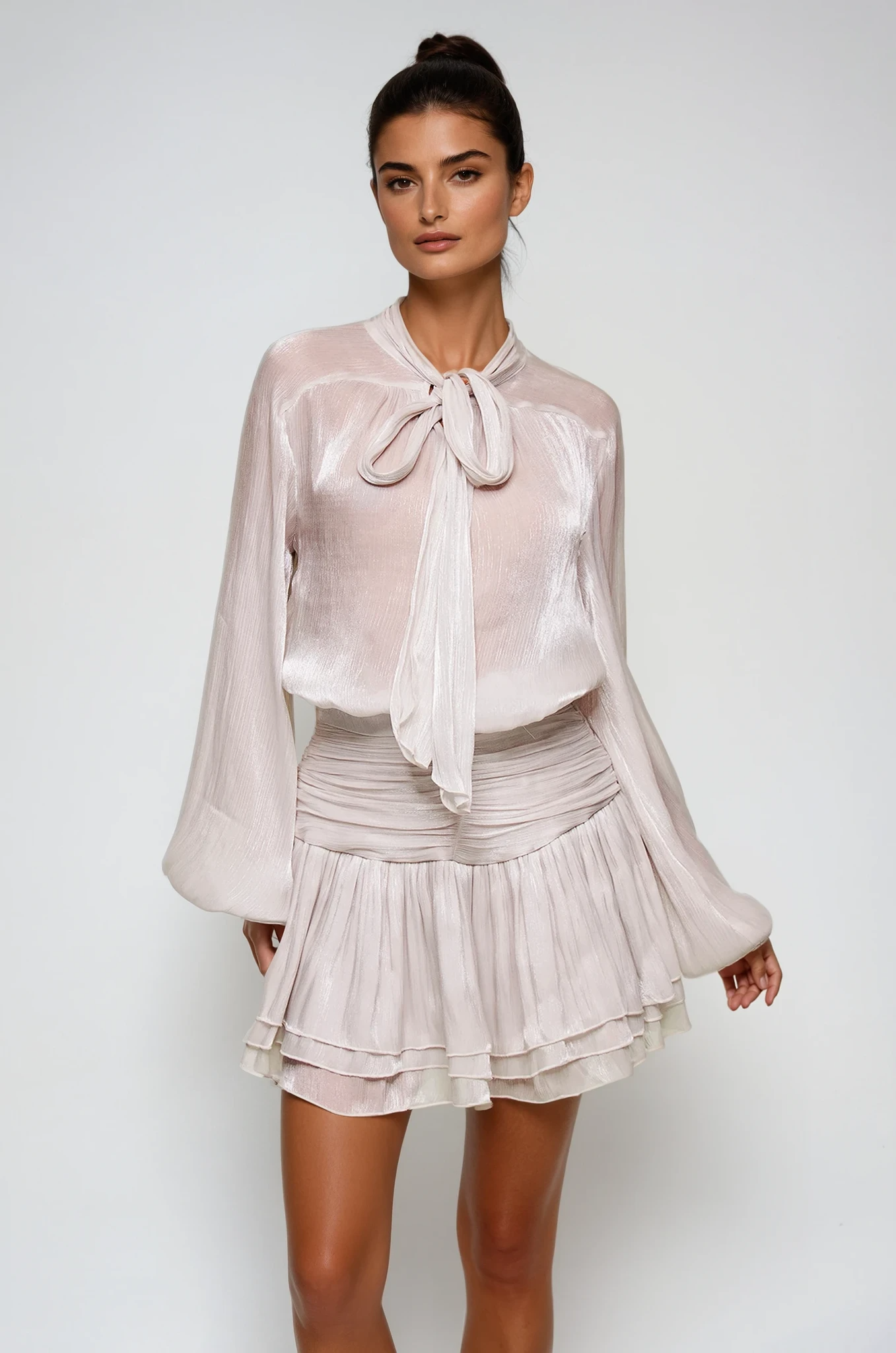 Bayleigh Lace Up Ruch Mesh Skirt Set In Sliver