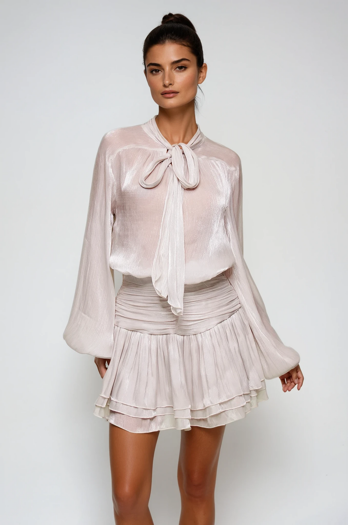 Bayleigh Lace Up Ruch Mesh Skirt Set In Sliver Avalabel