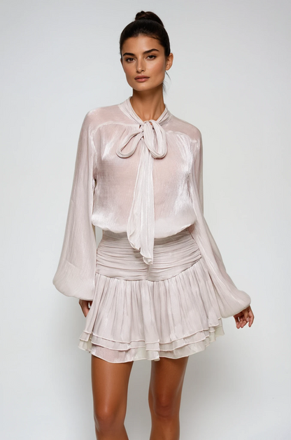 Bayleigh Lace Up Ruch Mesh Skirt Set In Sliver