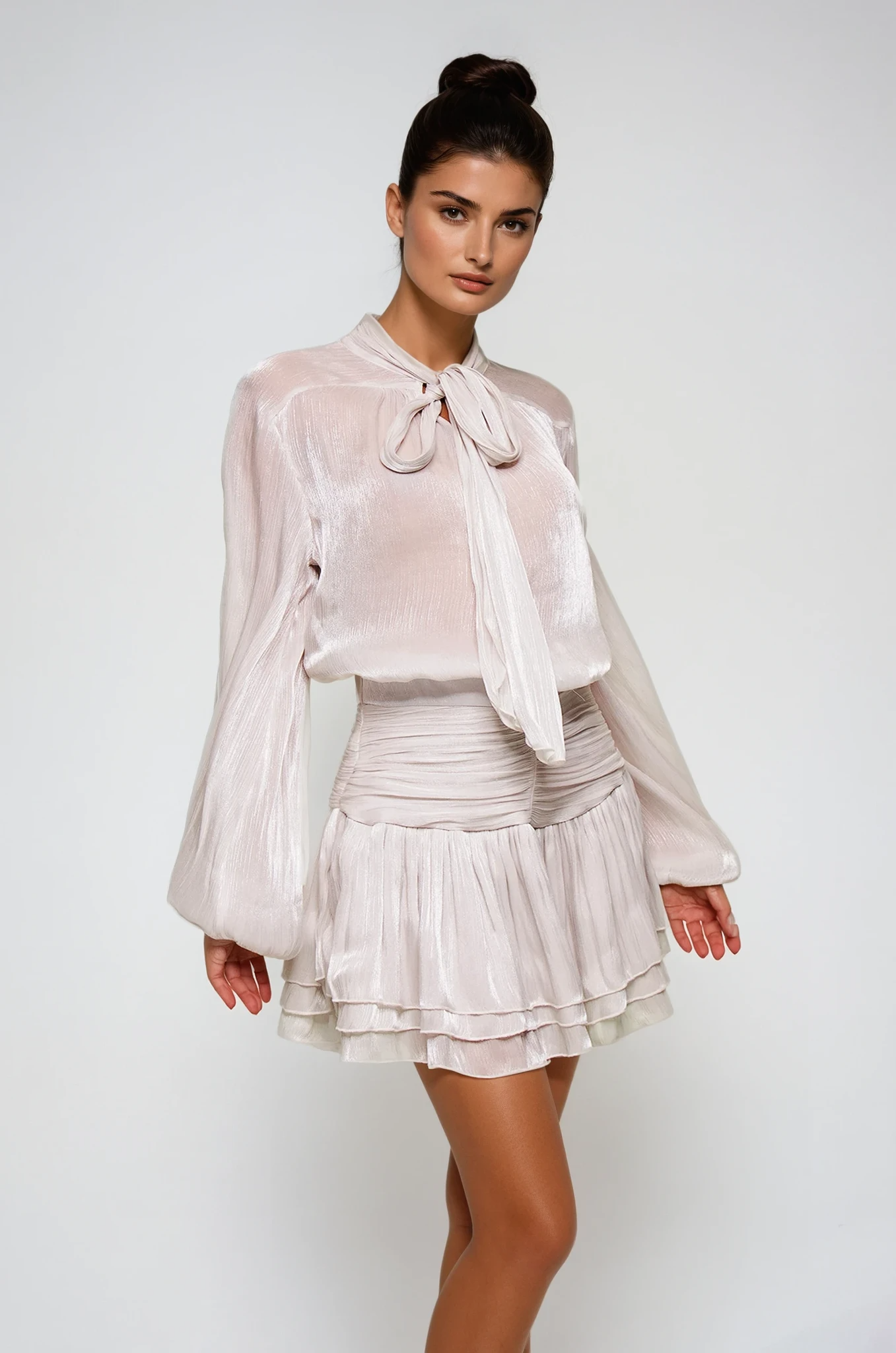 Bayleigh Lace Up Ruch Mesh Skirt Set In Sliver Avalabel