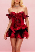 Beagan Lace Corset Lace Up Ruch Skirt Set In Red Avalabel