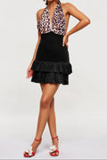 Marguerite Leopard Plunge Ruffle Mini Dress In Black Avalabel