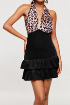 Marguerite Leopard Plunge Ruffle Mini Dress In Black Avalabel