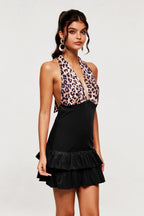 Marguerite Leopard Plunge Ruffle Mini Dress In Black Avalabel