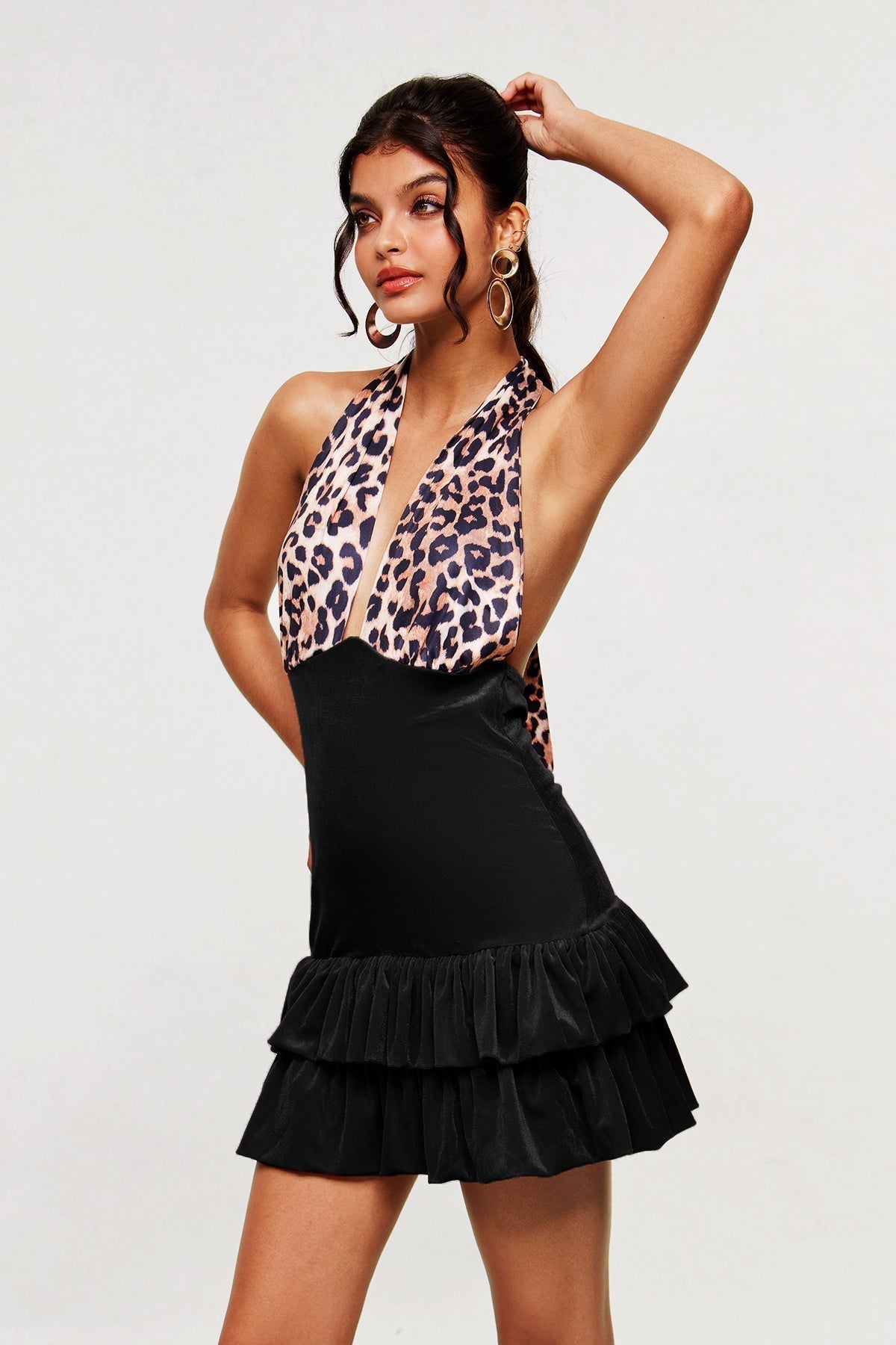 Marguerite Leopard Plunge Ruffle Mini Dress In Black Avalabel