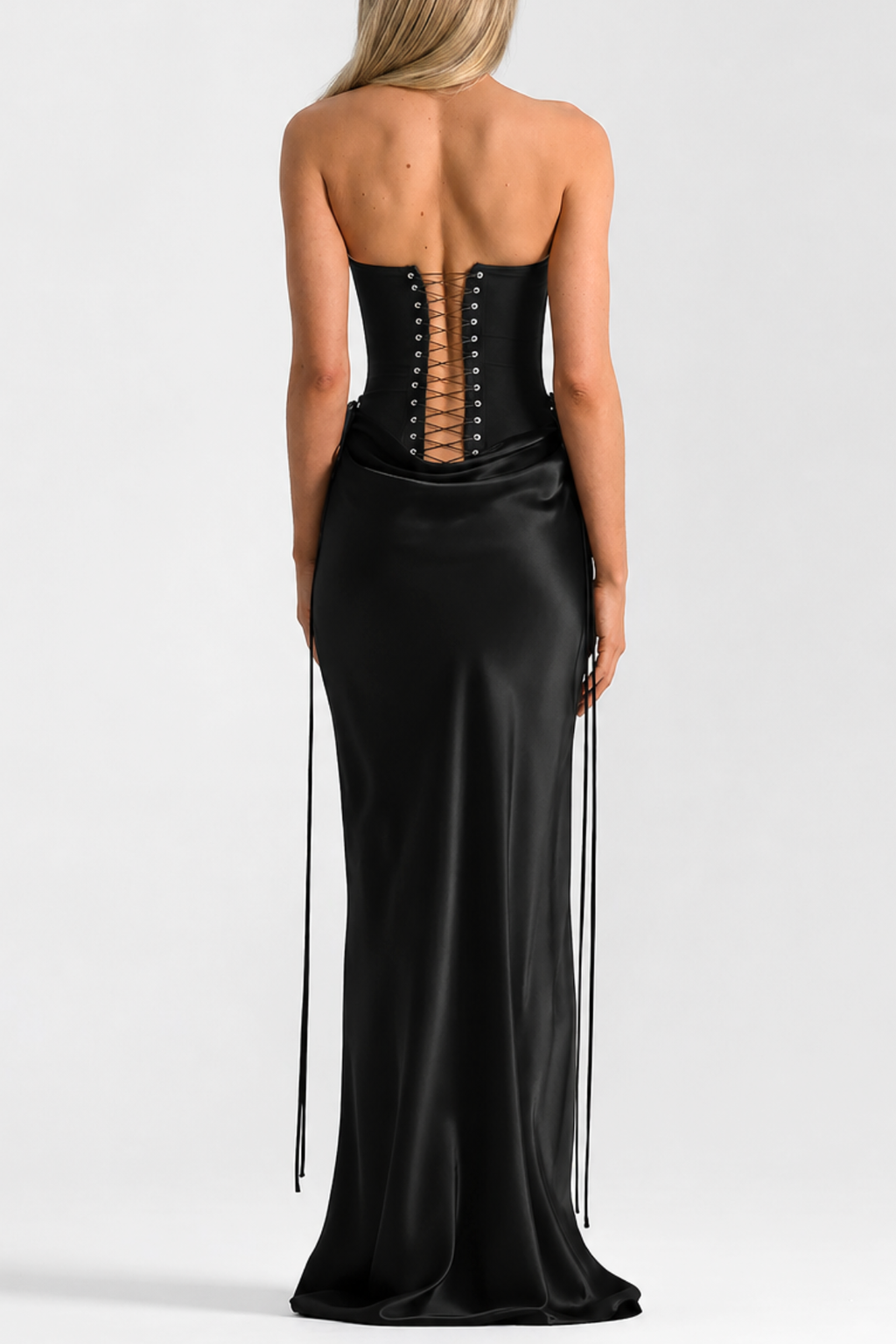 Beatrix Strapless Corset Satin Maxi Dress - Black Avalabel